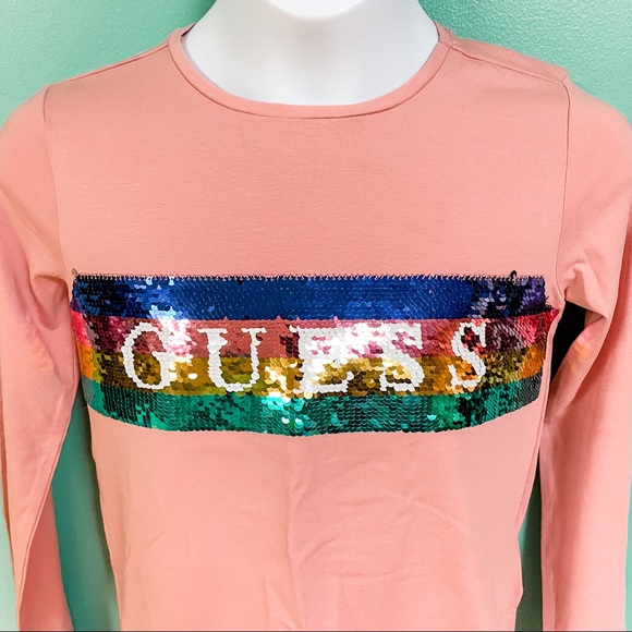Guess Pink Flip Sequin Long Sleeve Logo Tee Girls Size 10 NWOT - Picture 5 of 8